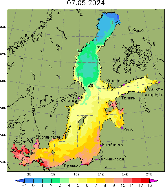 Карта температуры воды в Балтийском море