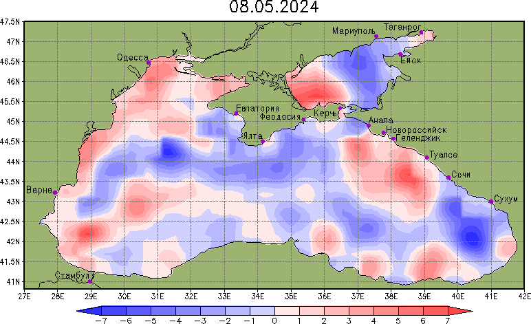 Карта аномалий уровня в Черном и Азовском морях