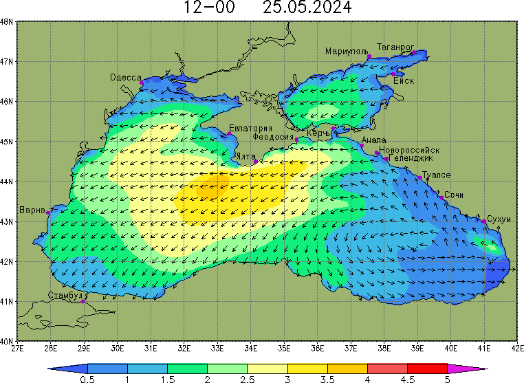 волнение высота направление волны воды в азовском черном море возле крыма на карте