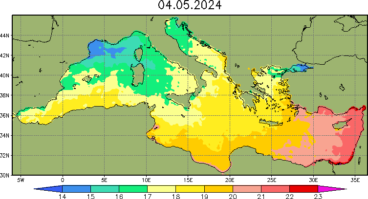 Карта температуры воды в Средиземном море